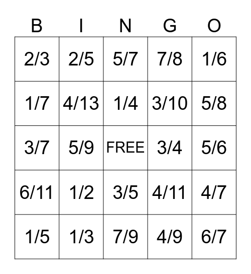 Simplify Fractions Bingo Card