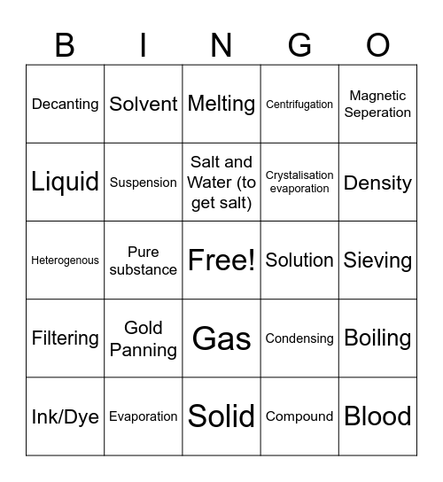 Substances and Mixtures Bingo Card