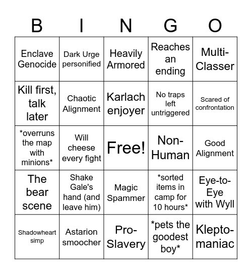 As a BG3 Character Bingo Card