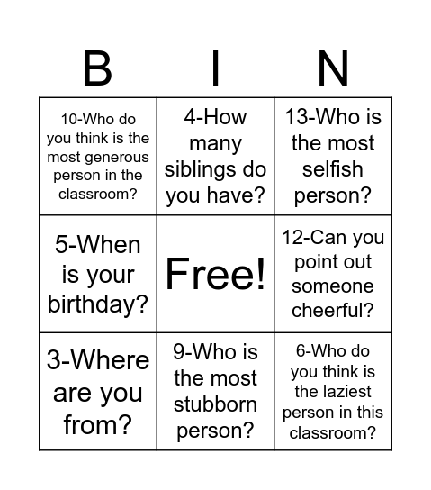 Introducing Yourself Bingo Card