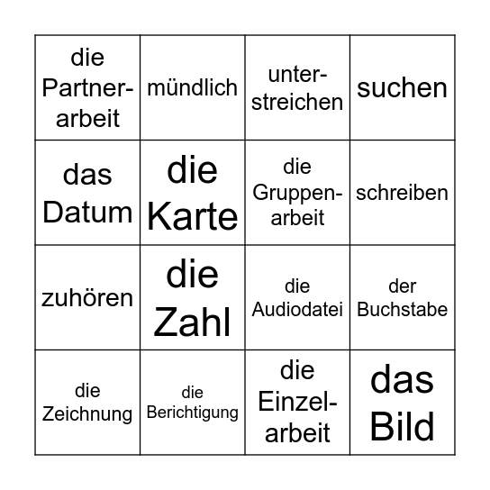 Wichtige Wörter im Deutschunterricht (1) Bingo Card