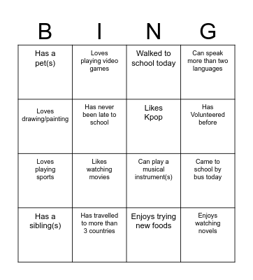 Form 1 Orientation Name Collection Bingo Card