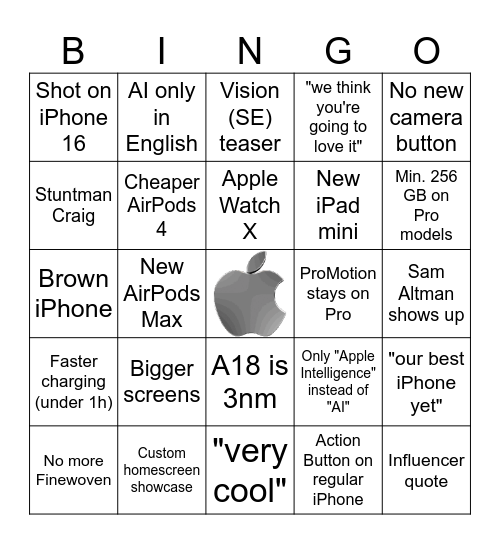 Apple "Glowtime" Keynote 2024 Bingo Card