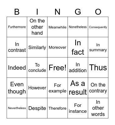 Discourse marker Bingo Card