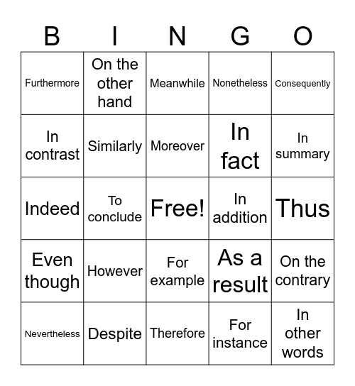 Discourse marker Bingo Card