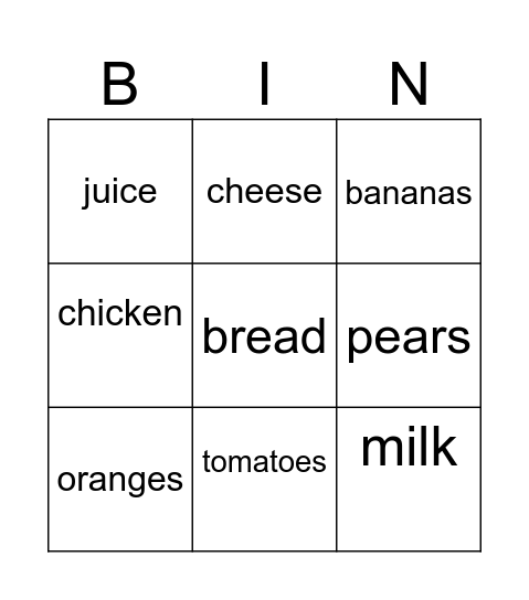 Food Bingo Card