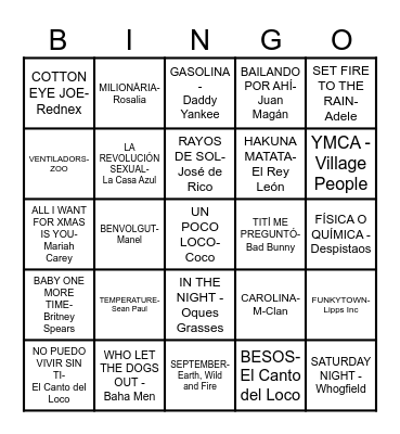 Bingo Musical Bingo Card
