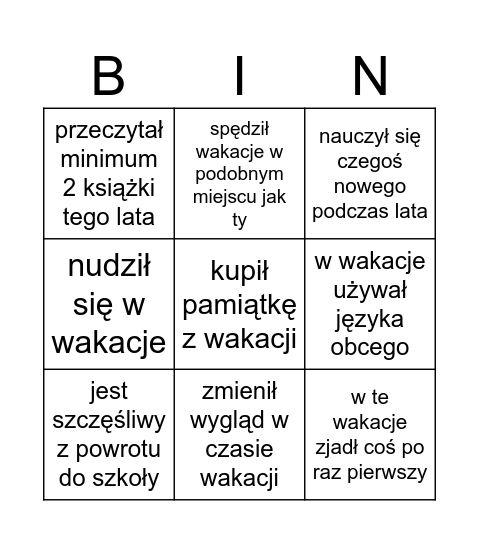 Znajdź kogoś kto... (wakacje) Bingo Card