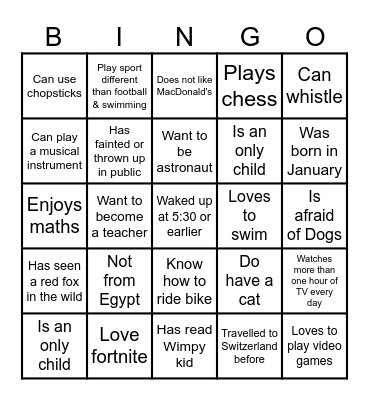 Welcome Back Year 5 dedicated students Bingo Card