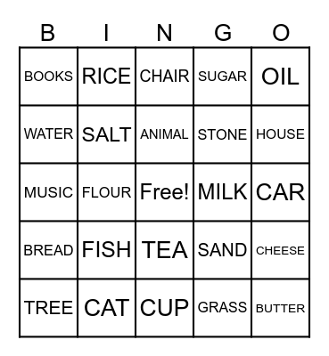 COUNTABLE NOUN AND UNCOUNTABLE NOUN Bingo Card