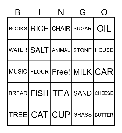 COUNTABLE NOUN AND UNCOUNTABLE NOUN Bingo Card