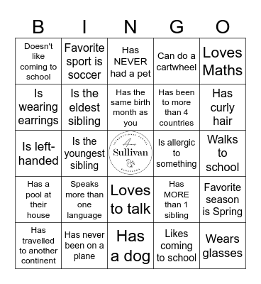 Middle School Human Bingo Card