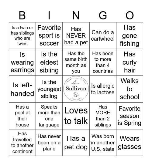 Middle School Human Bingo Card