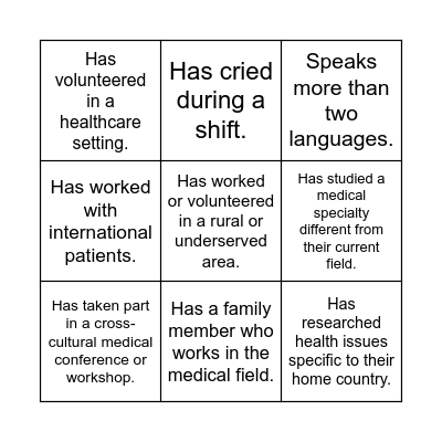 Cultural Exchange for Medical Students Bingo Card