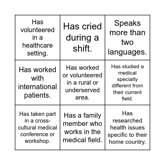 Cultural Exchange for Medical Students Bingo Card