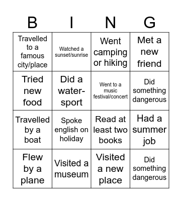 Summer holiday bingo! Bingo Card