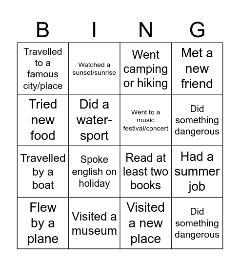 Summer holiday bingo! Bingo Card