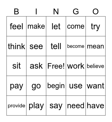 Verbs Bingo Card