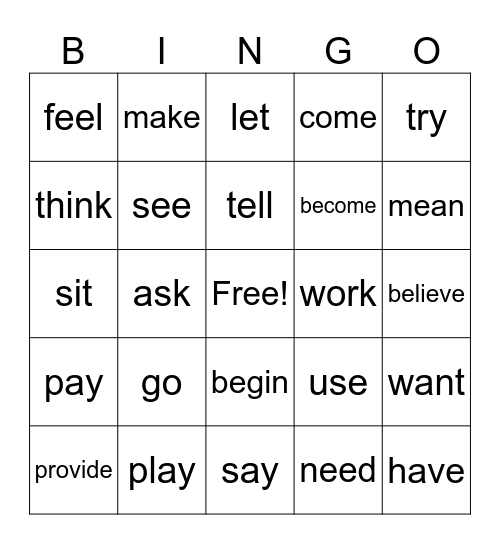 Verbs Bingo Card