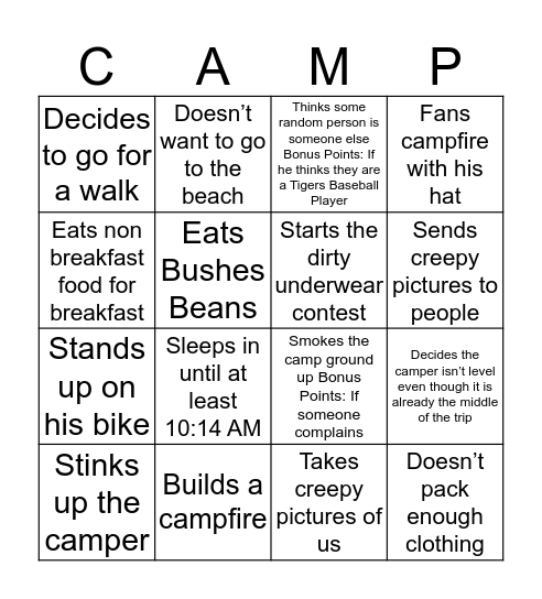Camping With Dad Bingo Card