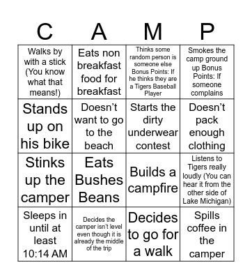 Camping With Dad Bingo Card