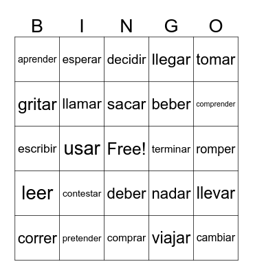Spanish Infinitives Bingo Card
