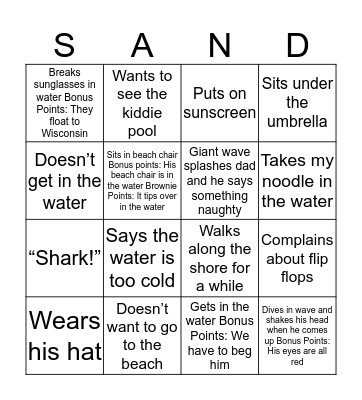 Beach With Dad Bingo Card