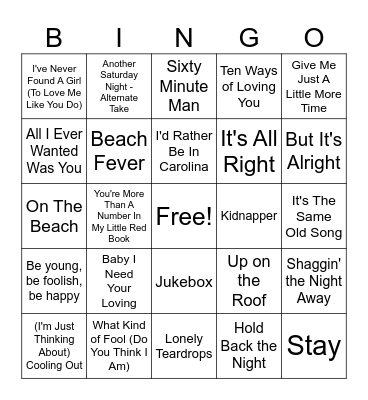 Beach Music Bingo Card