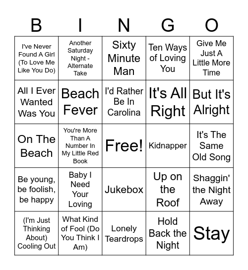 Beach Music Bingo Card