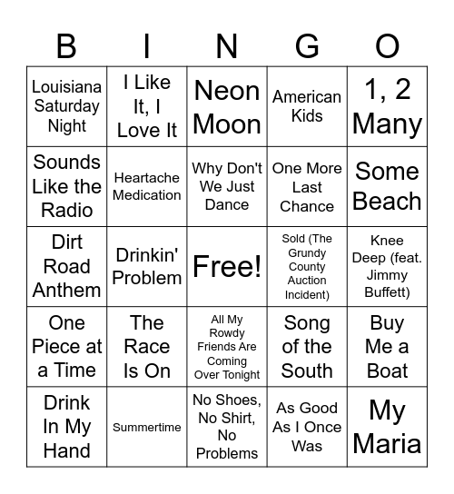 Hank Williams Jr Bingo Card