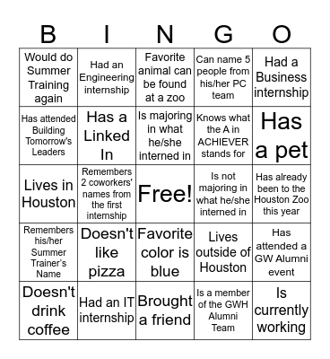 GW Goes to the Zoo Picnic Bingo Card