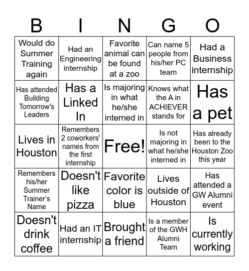 GW Goes to the Zoo Picnic Bingo Card