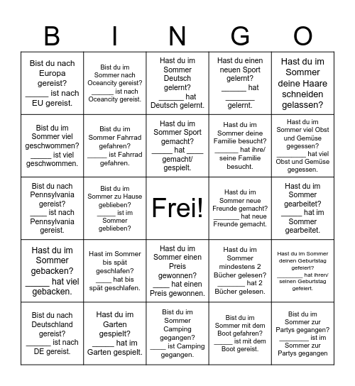 Sommerferien 2024 Bingo Card