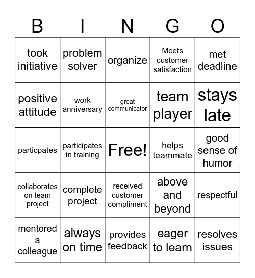 BMV Employee Appreciation Bingo Card