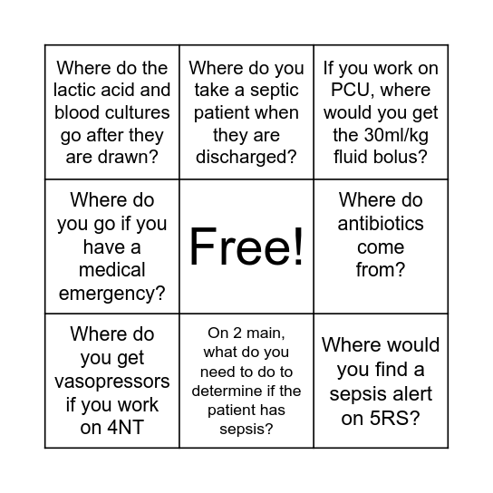 Sepsis Scavenger Hunt Bingo Card