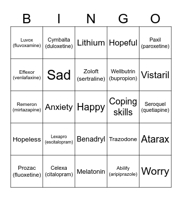 Antidepressant Bingo Card