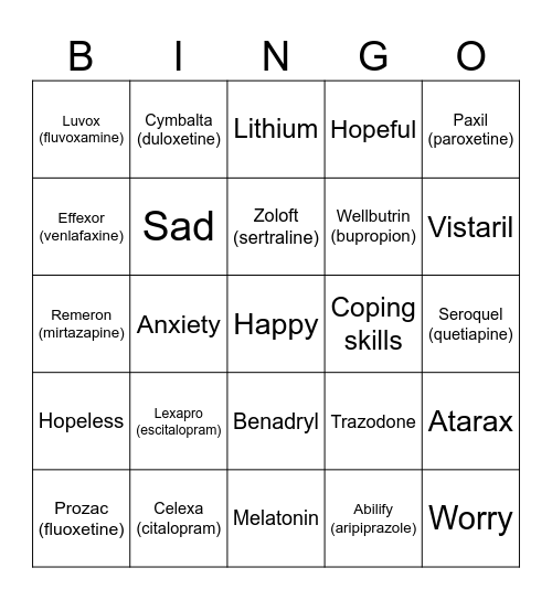 Antidepressant Bingo Card