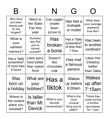 Get to know you! Bingo Card