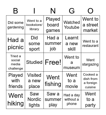 Summer Holidays Bingo Card