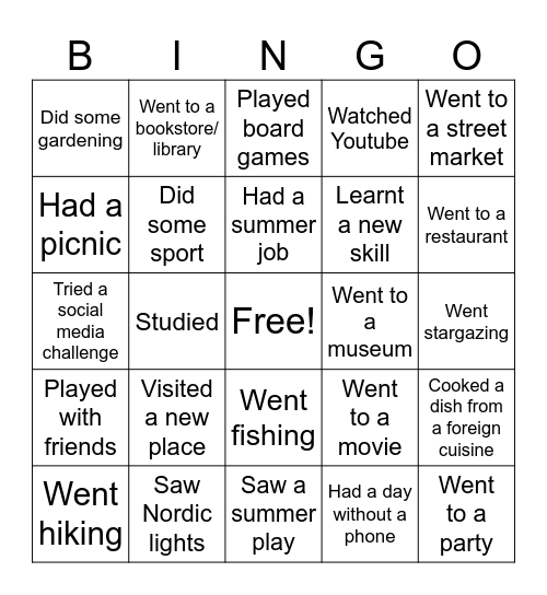 Summer Holidays Bingo Card