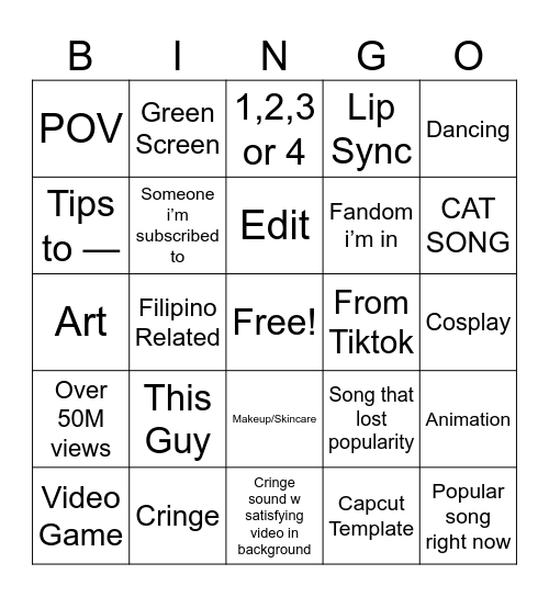 YT shorts bingo Card