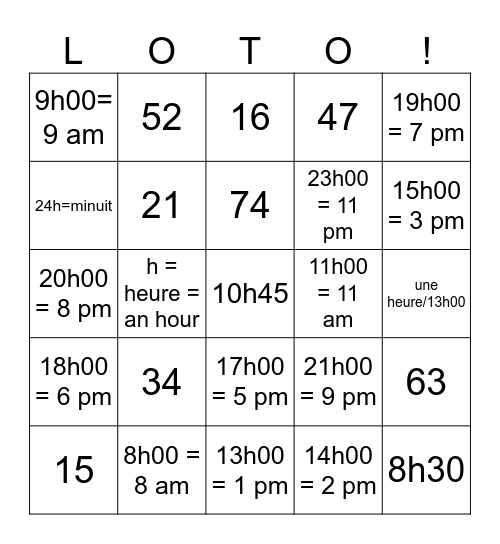 7. L'heure = Time 2024-25 Bingo Card