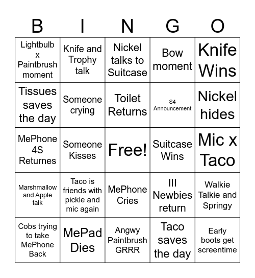 Inanimate Insanity s2 Ep16 Bingo Card