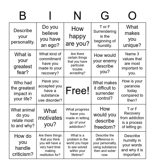 Personality in Recovery Bingo Card