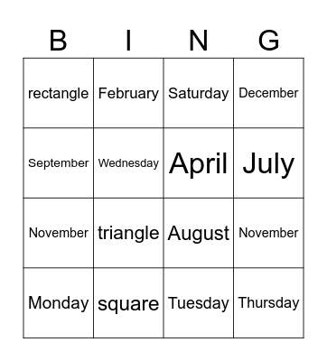 Months Bingo Card