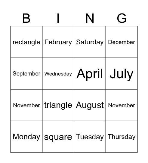 Months Bingo Card