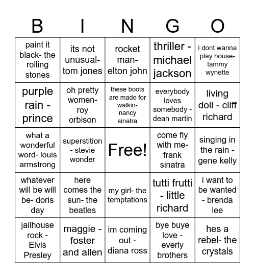 music bingo Card