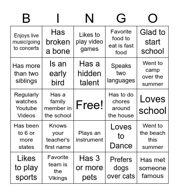 First Day of School Bingo Card