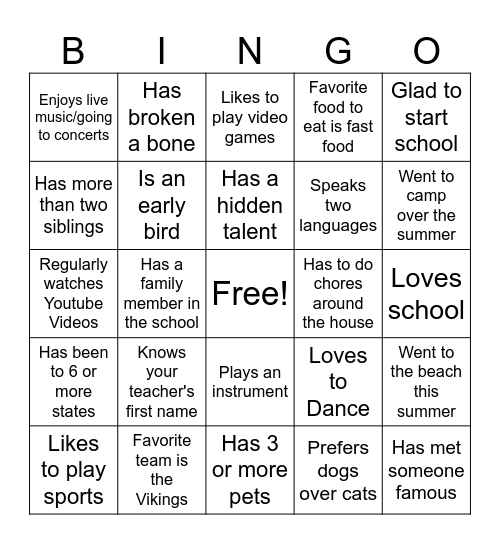 First Day of School Bingo Card