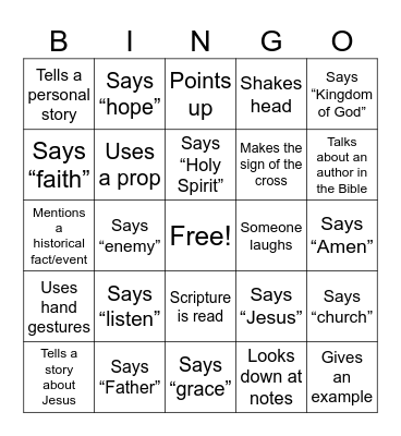 Church Service Bingo Card